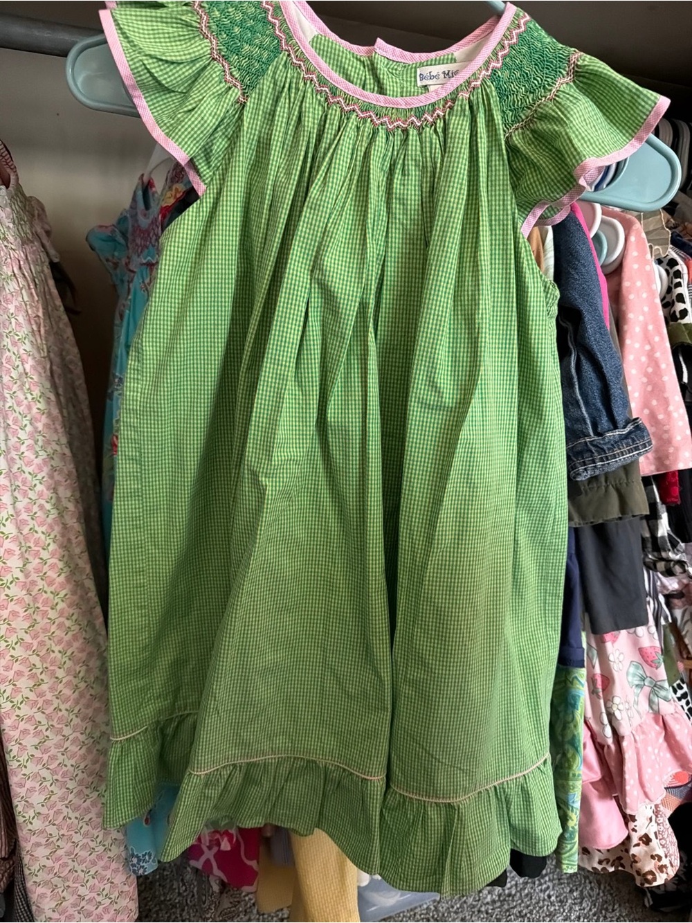 Smocked Flutter Sleeve Green Girls Dress by